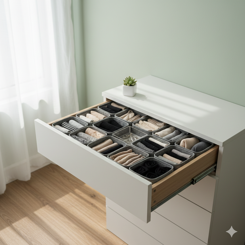 Cajón organizado con compartimentos.