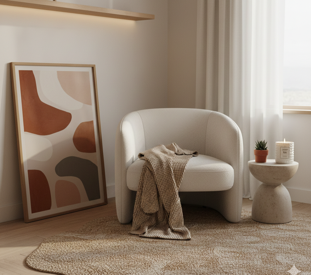 Rincón de salón estilo minimalista cálido tendencia 2026 con butaca bouclé, manta de punto y lámina de arte abstracto en tonos tierra y crema
